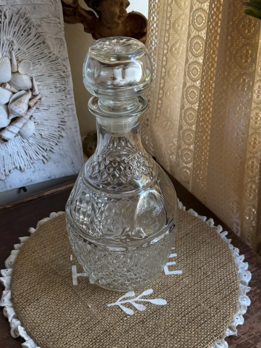 Vtg Whiskey Decanter Pressed Glass w/ Stopper Crown Royal Grapes Etched